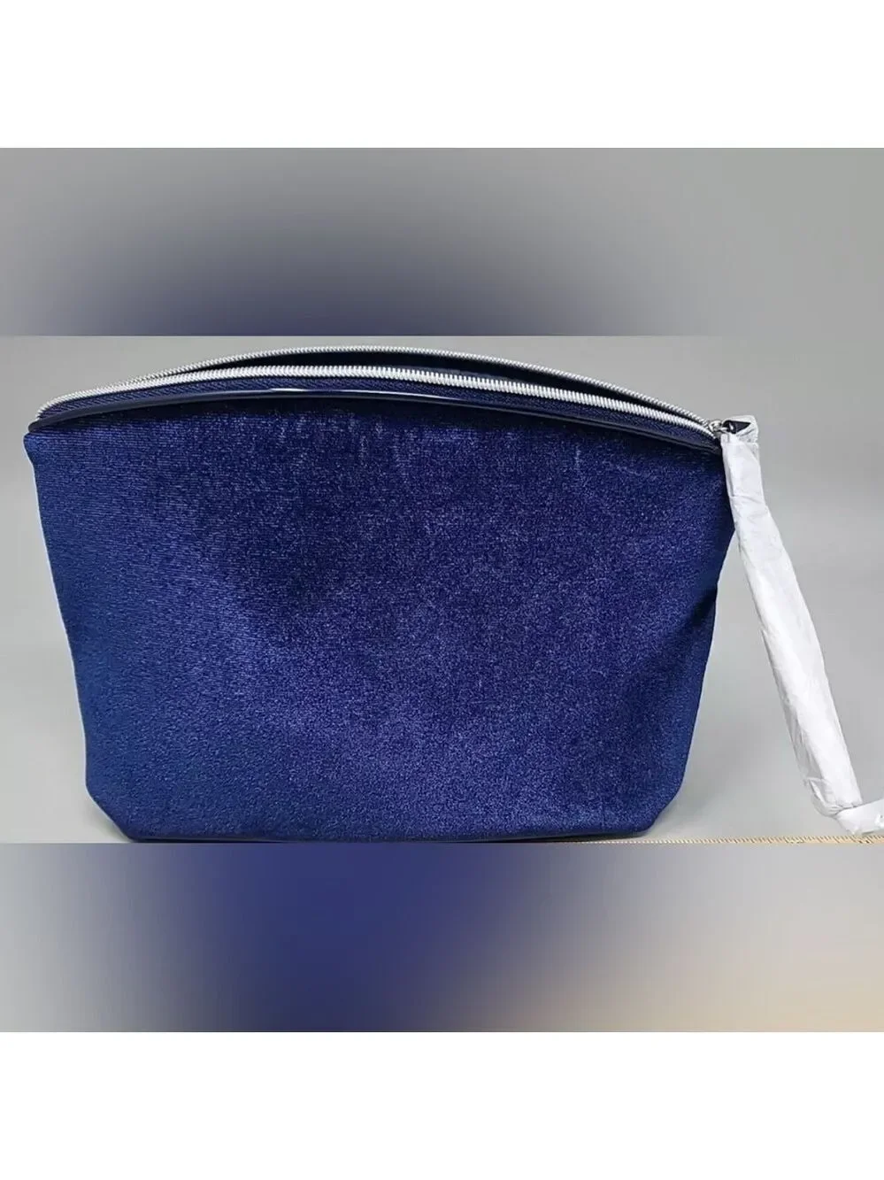 Lancome Dark Blue Velvet Luxury Makeup Cosmetics Bag Wrist Strap Zipper Clutch